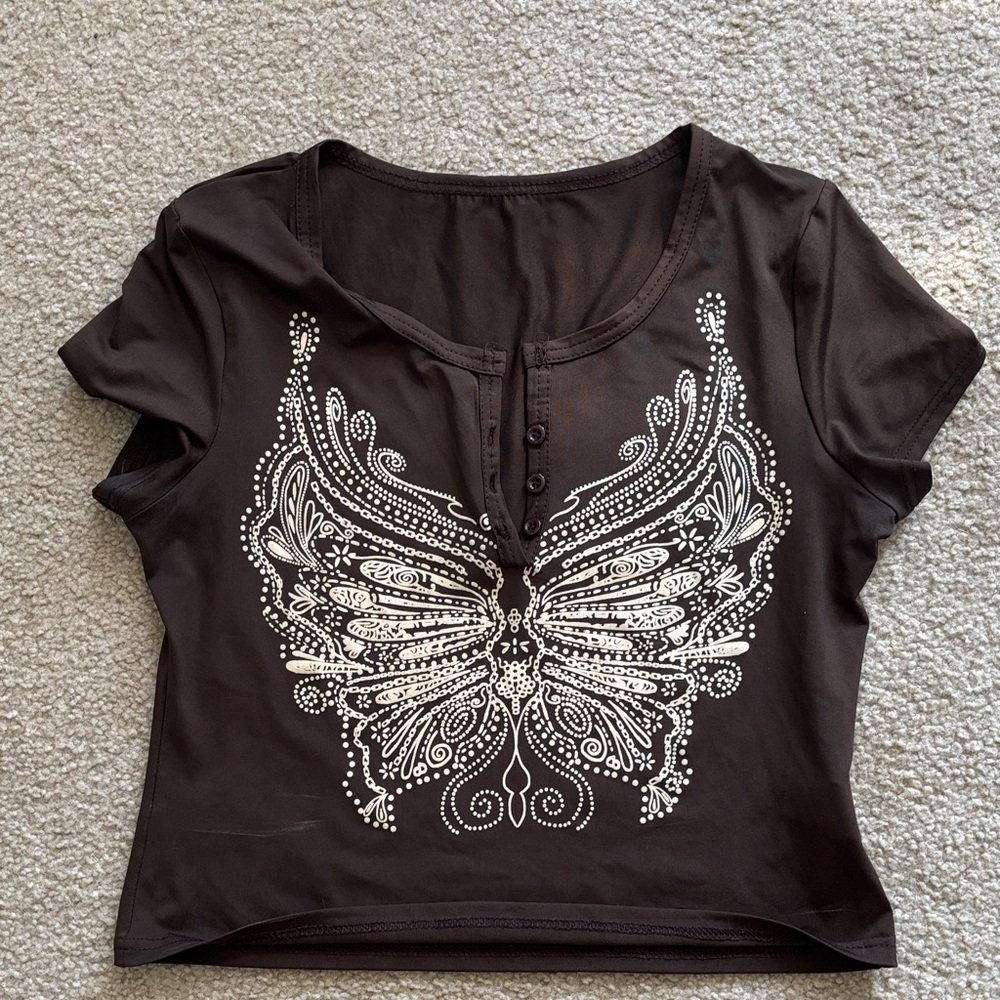 Butterfly Print Brown Crop Top
